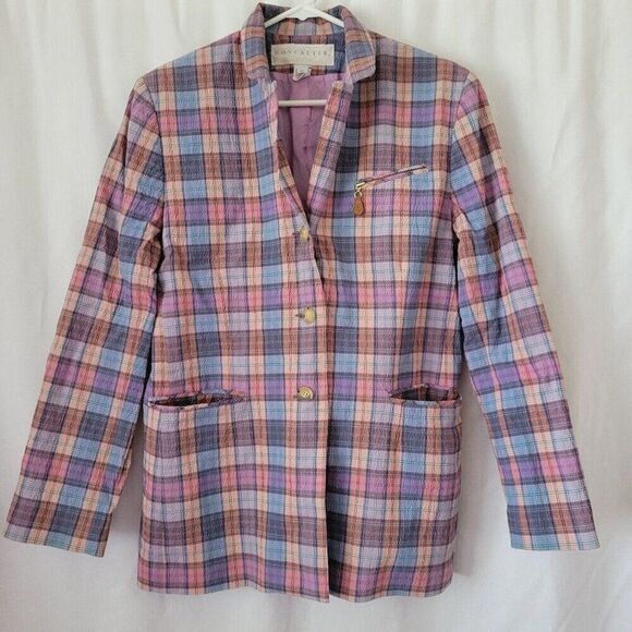 Doncaster Blazer Cotton Lycra Plaid jacket waffle shoulder pads vintage Size 12 - Picture 1 of 13